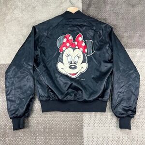 Vintage Chalk Line Minnie Mouse Disney Black Satin‎ Bomber Jacket Kids 14/16 80s